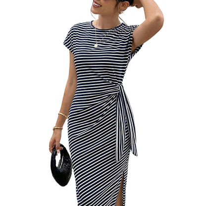 Women's Striped Side-Tie Midi Dress